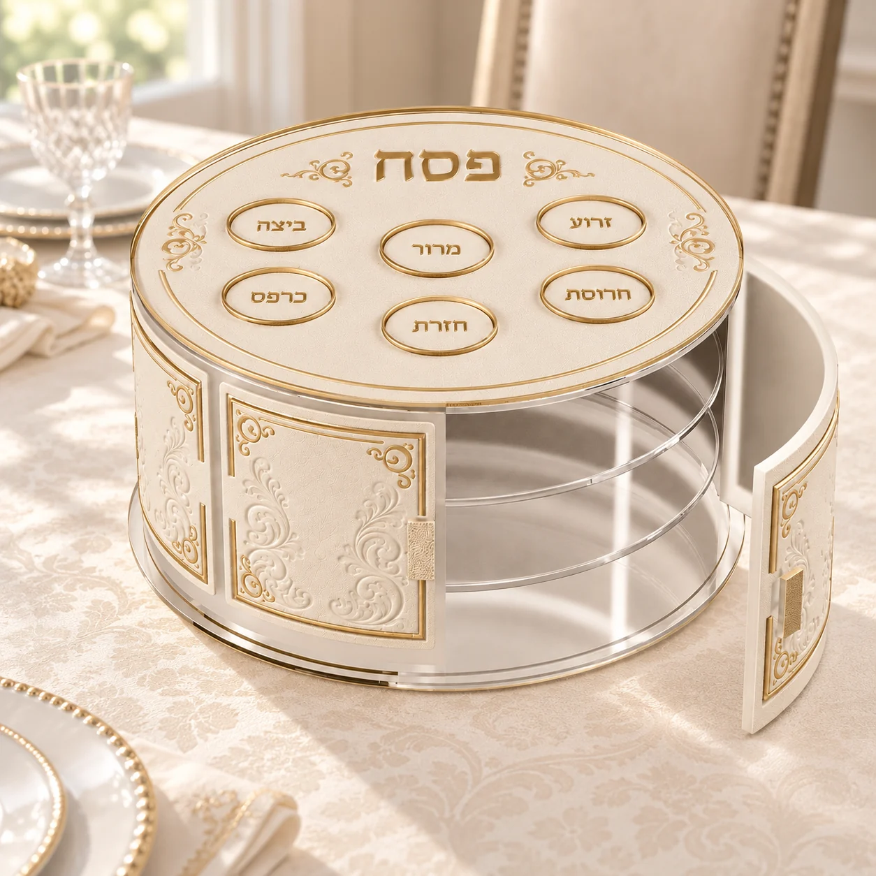 קערת סדר ומגירות מצה - מעמד לקערת הסדר עם שלוש מגירות למצות