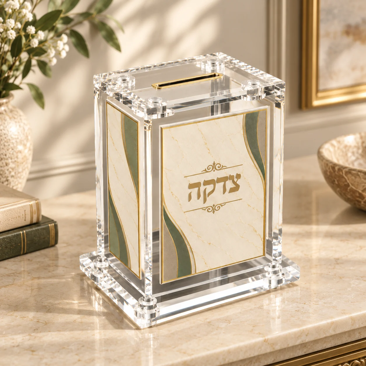 קופת צדקה שקופה ומעוטרת - קופת צדקה עם לוח מעוטר ופרטים בגוון זהב